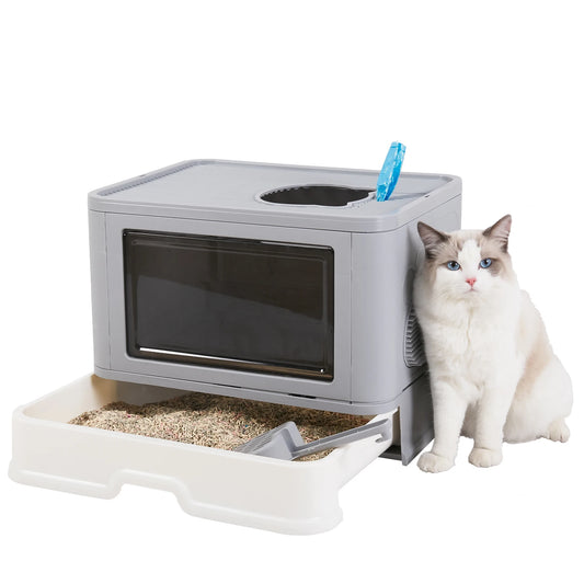 Foldable Cat Litter Box With Massager Scoop Front Entry Design