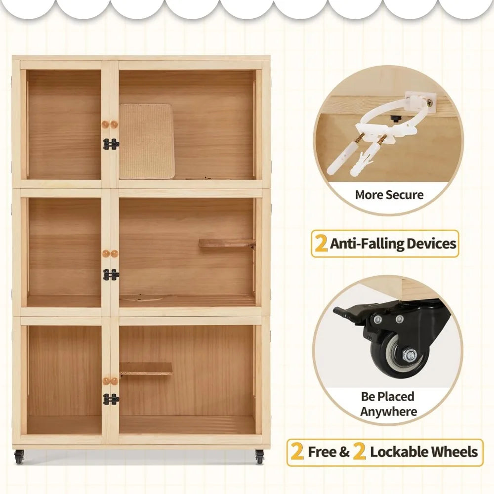 Large Wooden Cat House Villa, Luxury Triple Cat Condo with Scratching Pad, Openable Cover and Wheels, Kitten Cage Indoor CT32