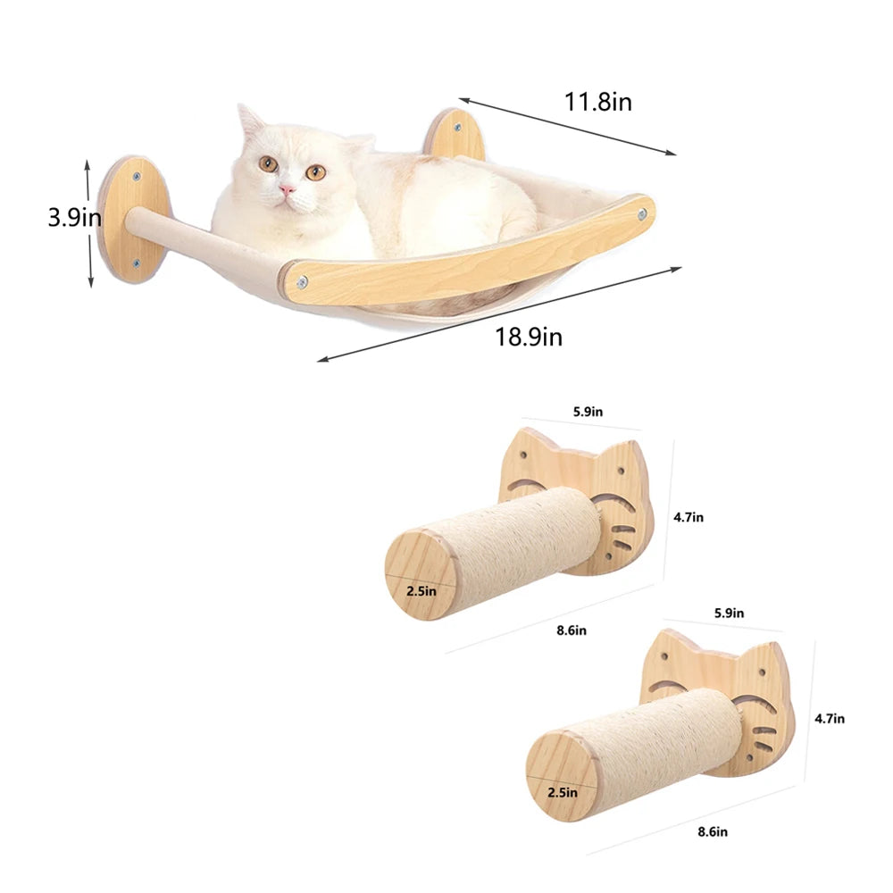 Wooden Cat Scratching Post Wall Mounted Hammock and Shelves