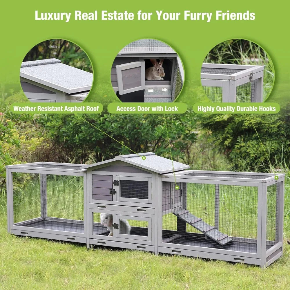Rabbit Hutch Bunny Cage Indoor & Outdoor Rabbit Cage on Wheels, Large Guinea Pig Cage with 4 Deep No Leakage Pull Out Trays - 93