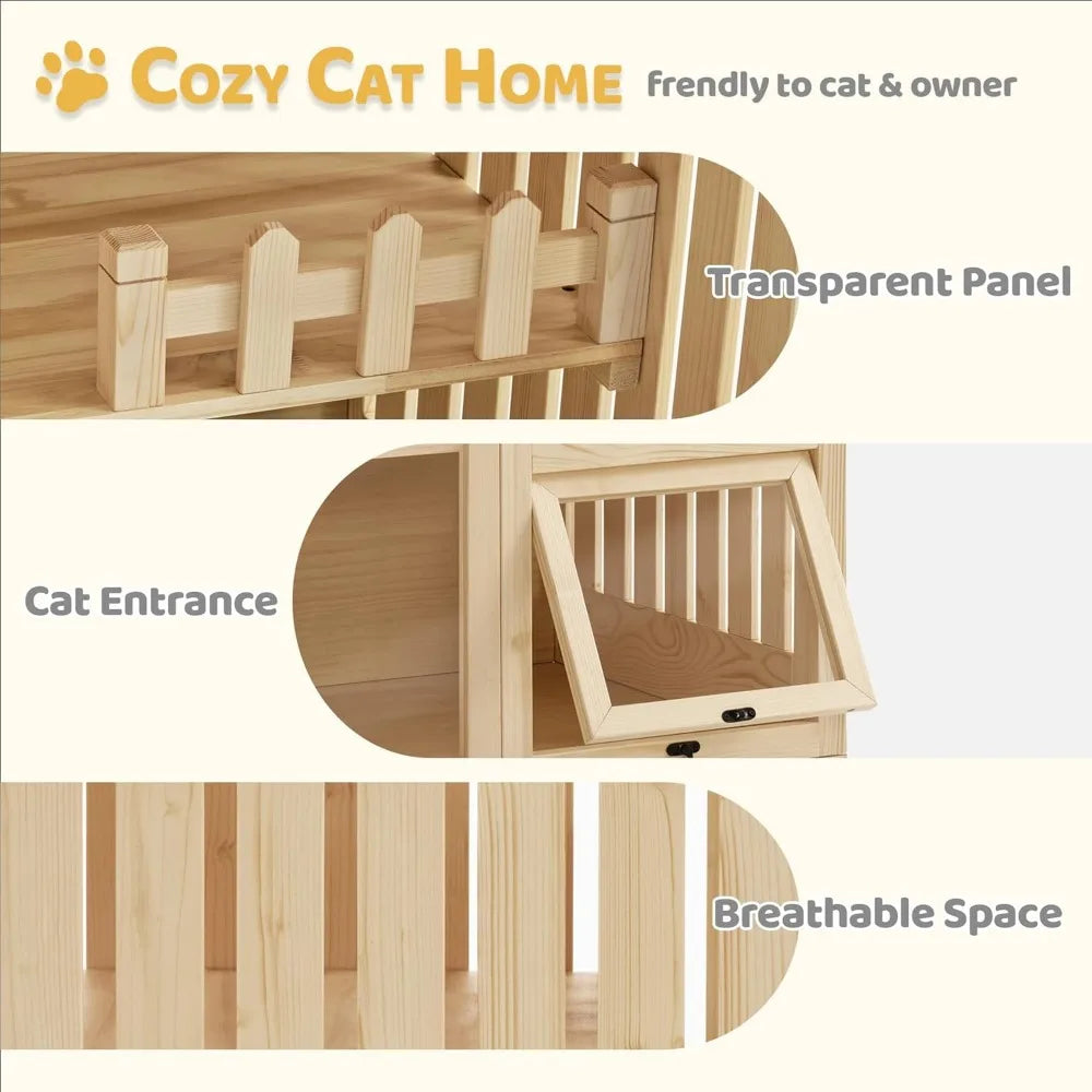 Wooden Cat Houses for Indoor Cats, Luxury Kitten House with Scratching Pad, Lockable Doors, Wheels, CT090