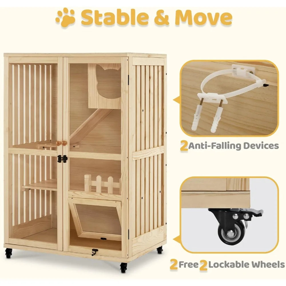 Wooden Cat Houses for Indoor Cats, Luxury Kitten House with Scratching Pad, Lockable Doors, Wheels, CT090