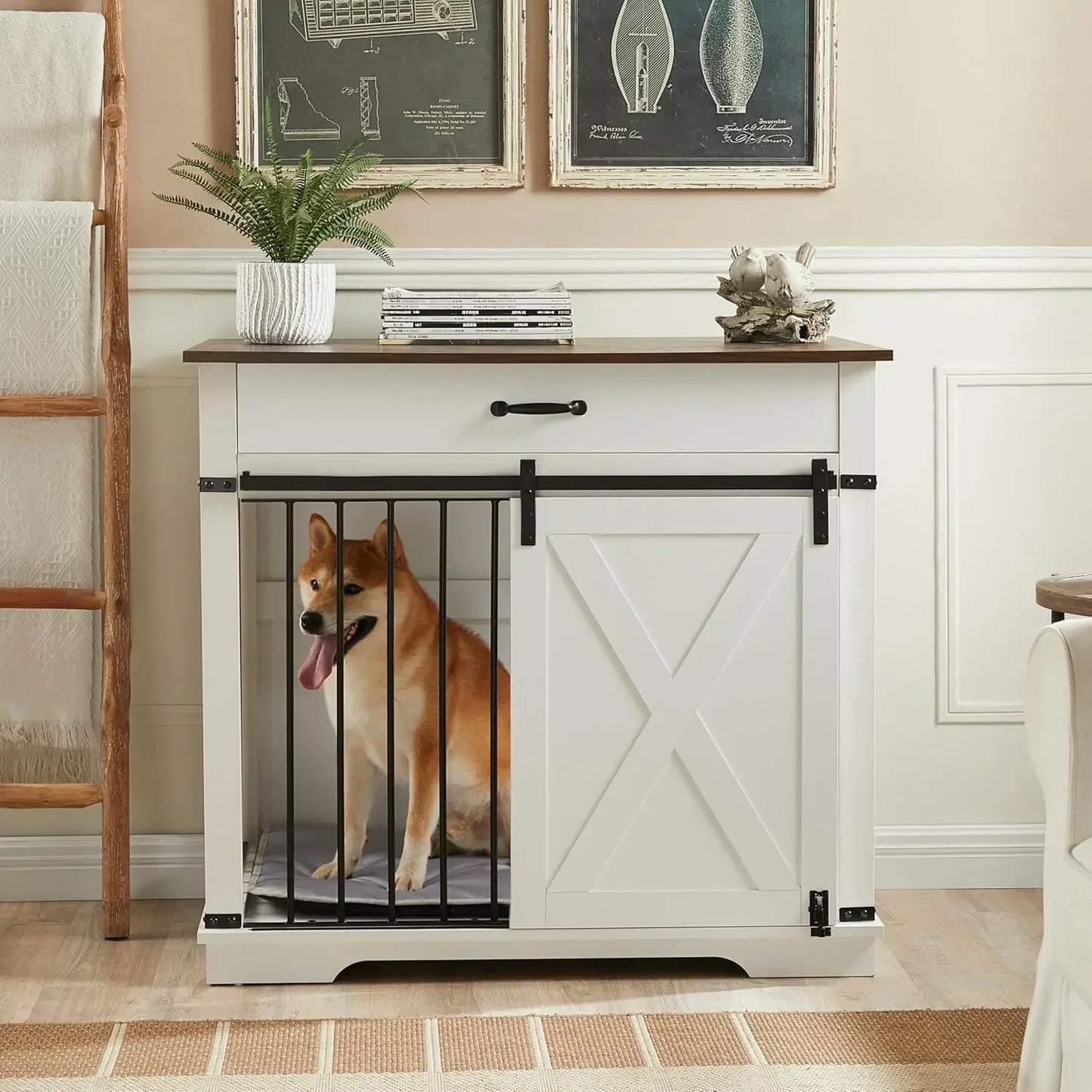 Furniture Style Dog Crates with Drawer, Farmhouse Wooden Dog Kennel Furniture with Sliding Barn Door & Water Resistant for