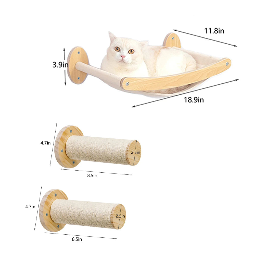 Wooden Cat Scratching Post Wall Mounted Hammock and Shelves
