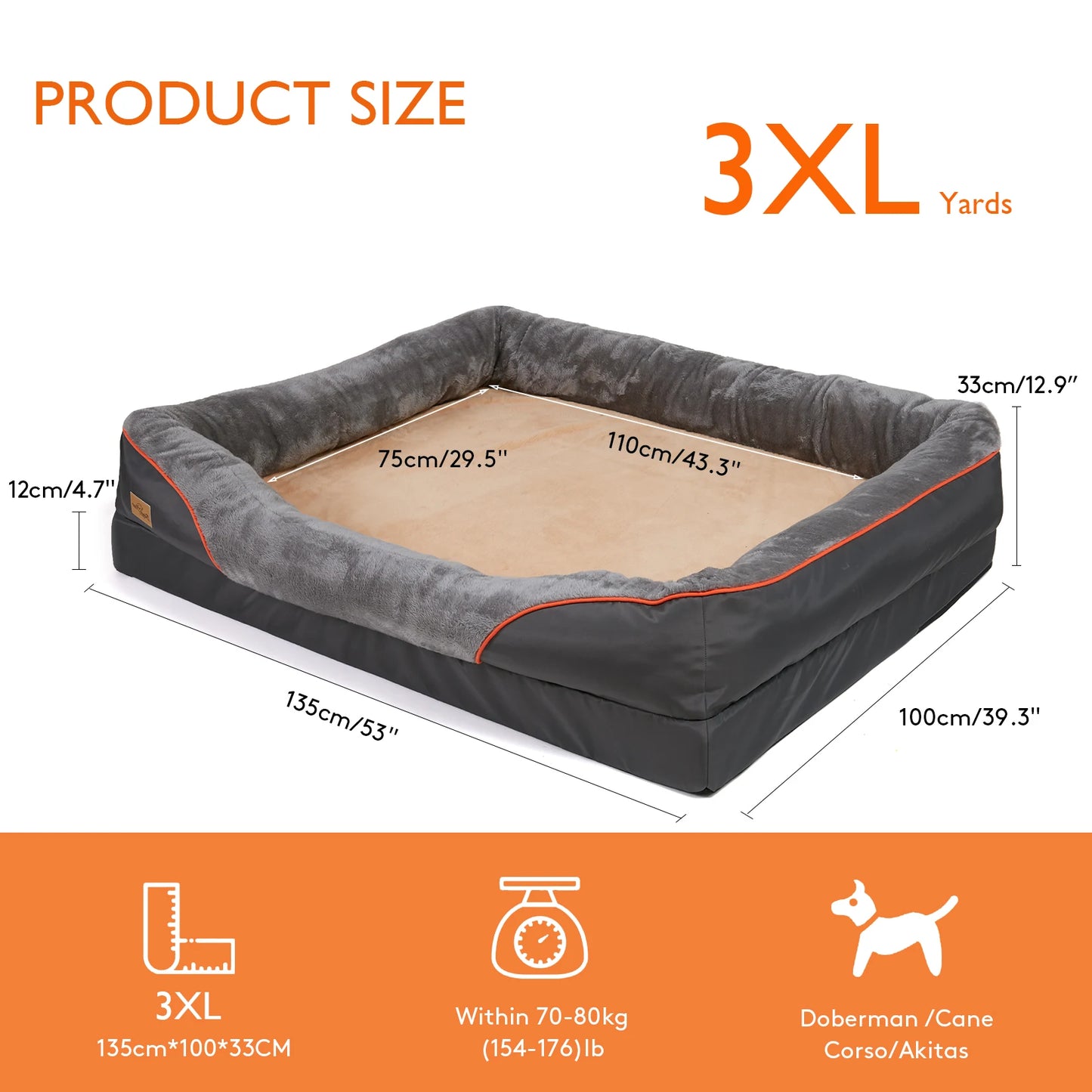 L XL 2XL 3XL Orthopedic Foam Dog Bed With Cotton Bolster And Removable Cover