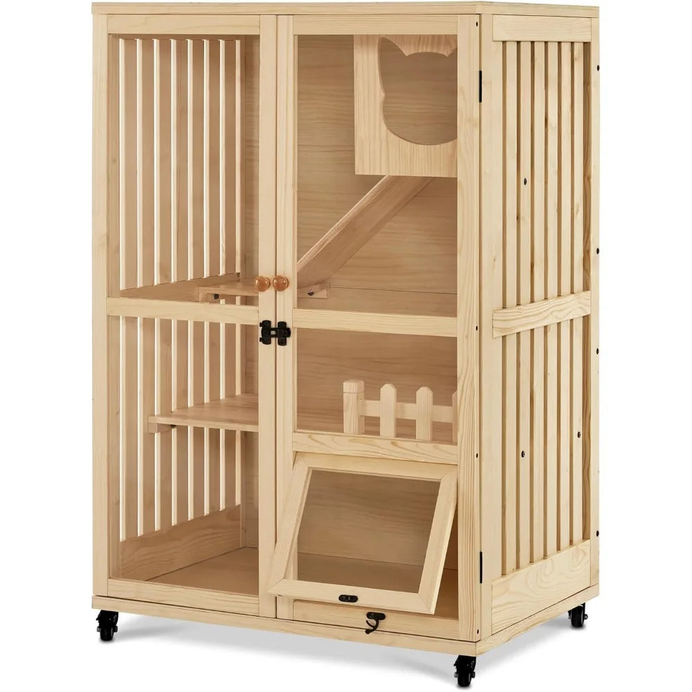 Wooden Cat Houses for Indoor Cats, Luxury Kitten House with Scratching Pad, Lockable Doors, Wheels, CT090