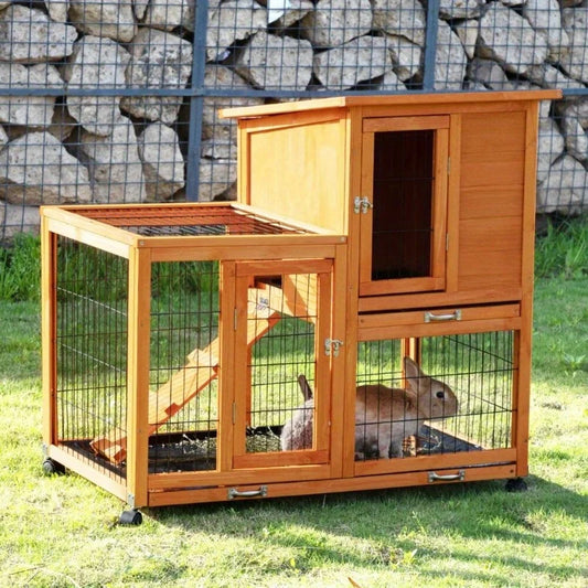 Rabbit Hutch Small Animal Outdoor Pen w/ 4 Casters Cleaning Trays