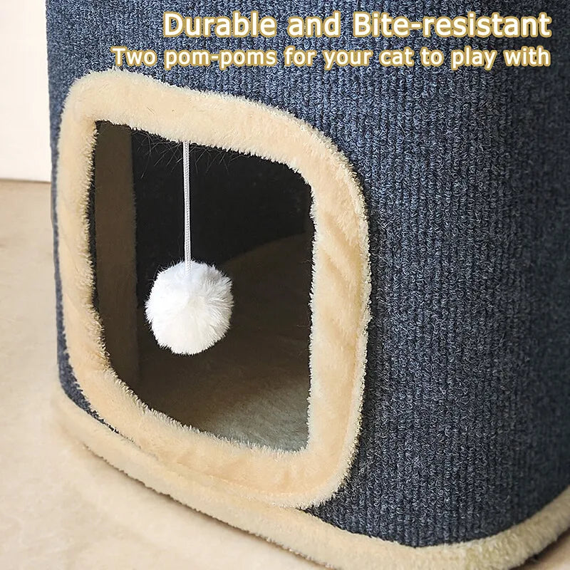 2 Layer Cat House with Toy Soft Indoor Cat Cave for Playtime