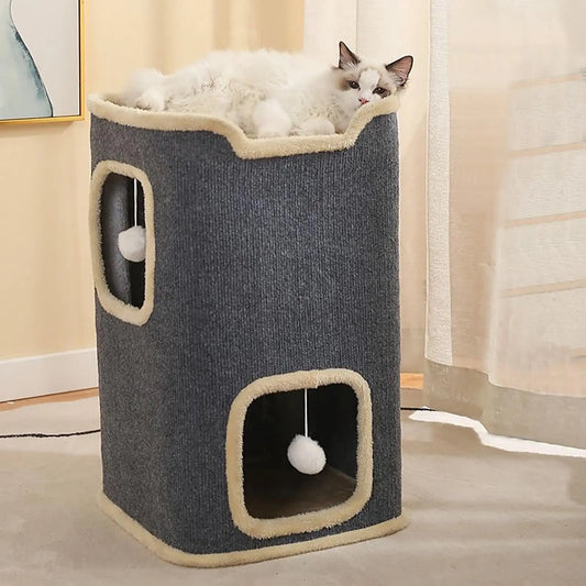 2 Layer Cat House with Toy Soft Indoor Cat Cave for Playtime
