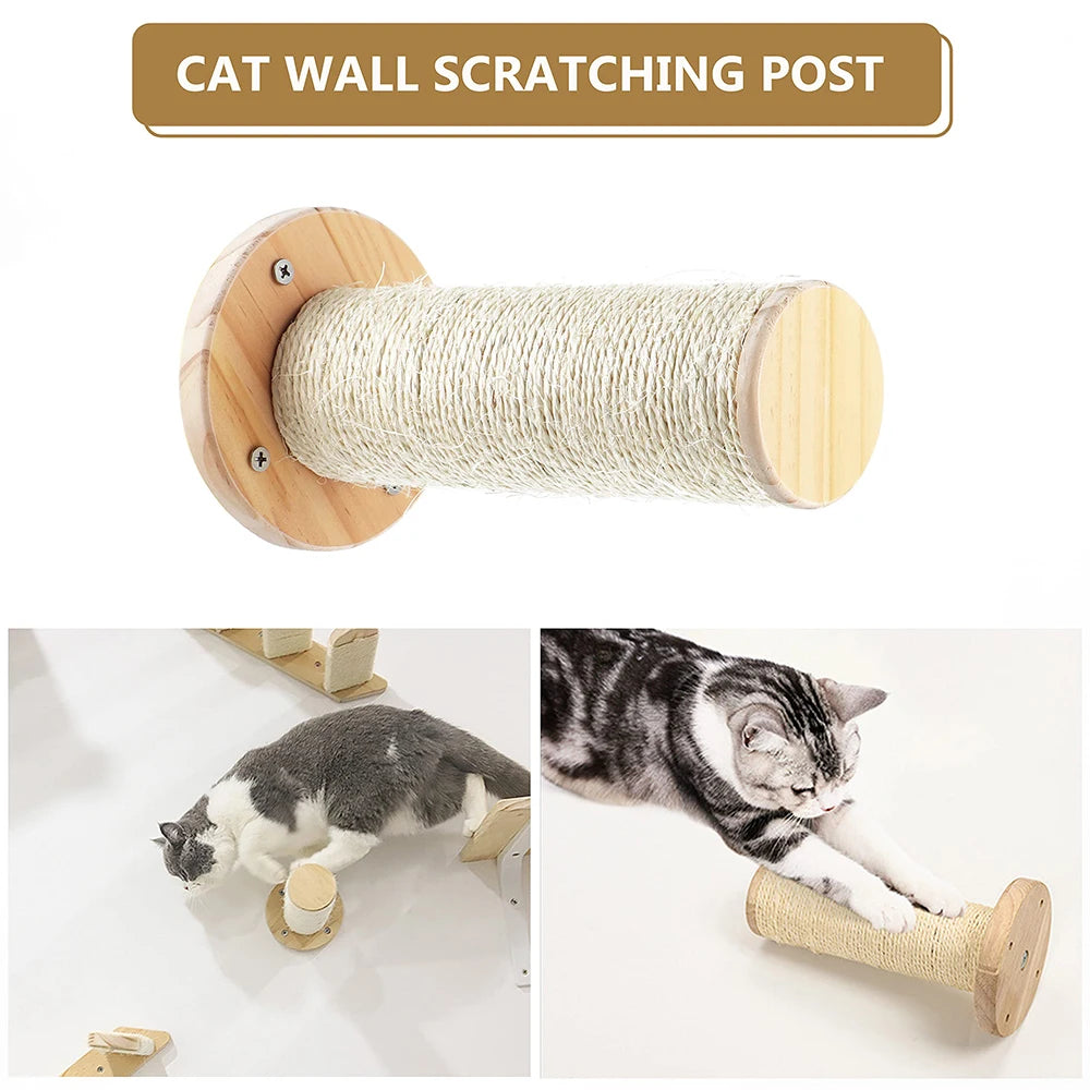 Wooden Cat Scratching Post Wall Mounted Hammock and Shelves