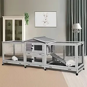 Rabbit Hutch Bunny Cage Indoor & Outdoor Rabbit Cage on Wheels, Large Guinea Pig Cage with 4 Deep No Leakage Pull Out Trays - 93