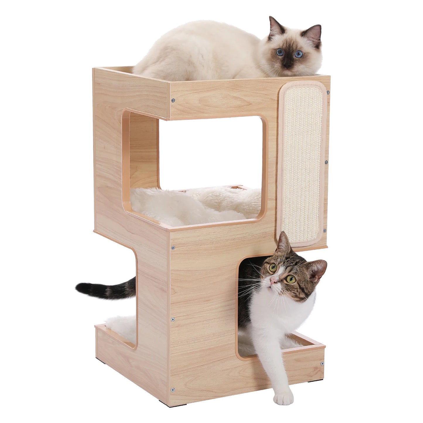Wood Cat Condo House Bed With Soft Mats And Scratching Pad