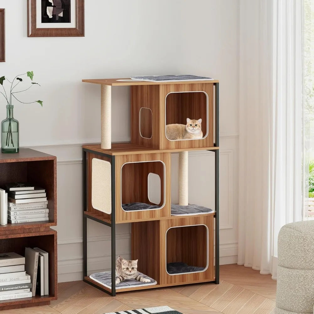 PETSITE 52 Inch Wood Cat Tree for Indoor Cats, Multi-Level Solid Metal Framed Wooden Cat Tower with Sisal Scratching Posts and P