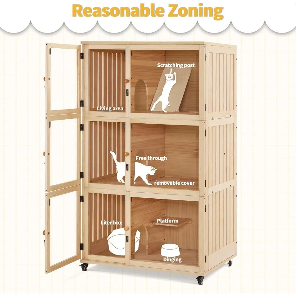 Large Wooden Cat House Villa, Luxury Triple Cat Condo with Scratching Pad, Openable Cover and Wheels, Kitten Cage Indoor CT32