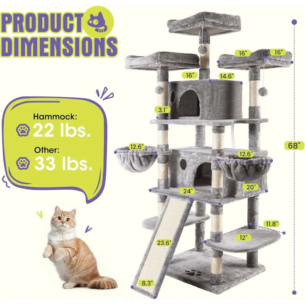 WEEWAY 68 Inches Multi-Level Large Cat Tree for Feline/Big Tower/Condo/Cozy Plush Kitty Perches/Fluffy Balls/Sisal Scratching P