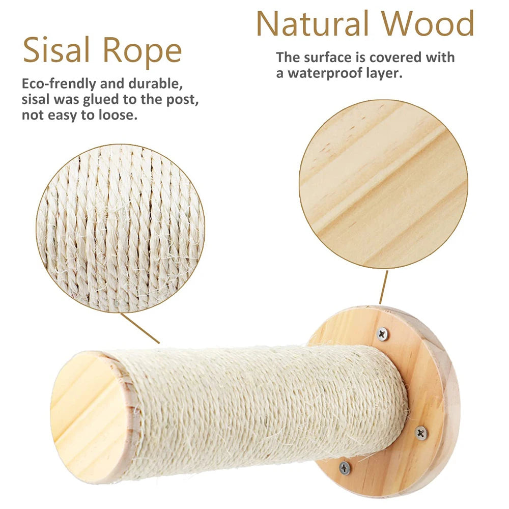 Wooden Cat Scratching Post Wall Mounted Hammock and Shelves