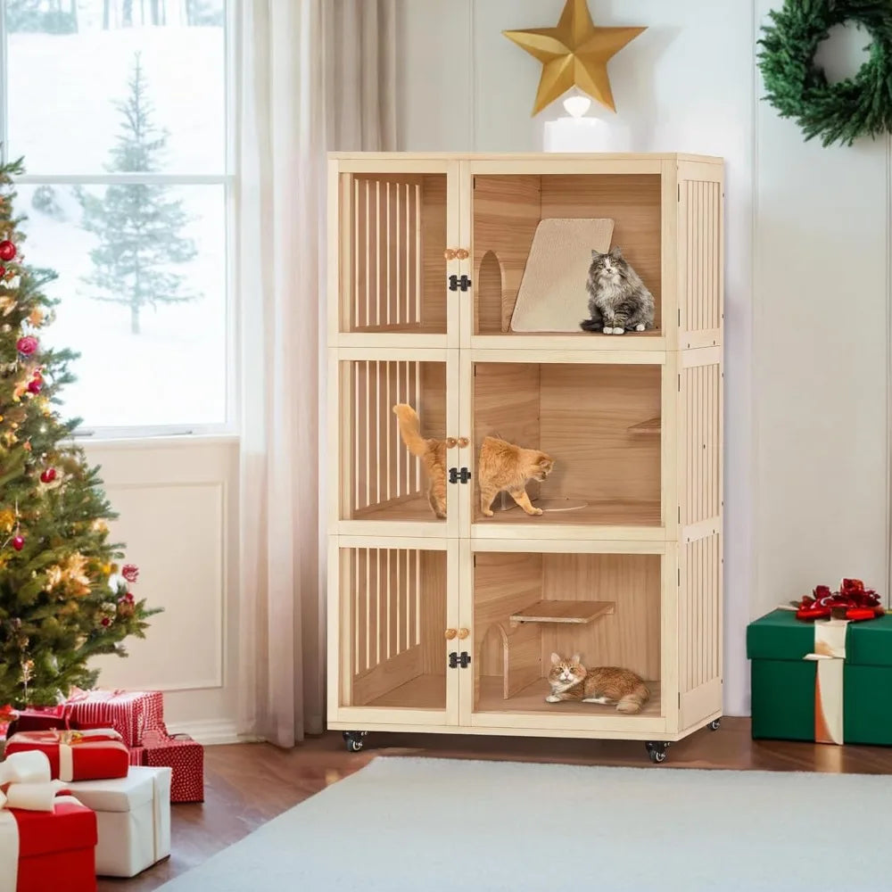 Large Wooden Cat House Villa, Luxury Triple Cat Condo with Scratching Pad, Openable Cover and Wheels, Kitten Cage Indoor CT32