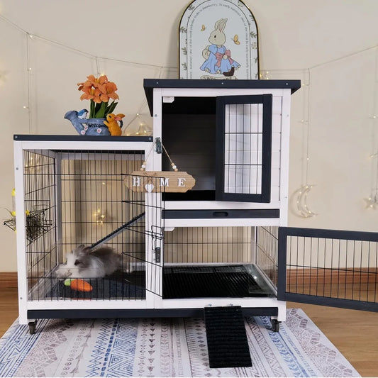 Rabbit Hutch Indoor Bunny Cage Outdoor with Urine Guards 2 Storey Mobile Guinea Pig Cage Wire Bottom 2 Trays