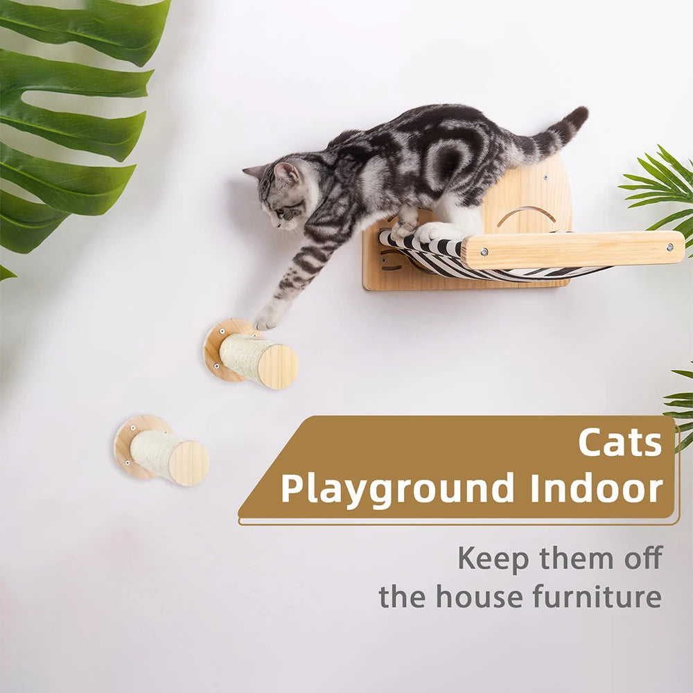 Wooden Cat Scratching Post Wall Mounted Hammock and Shelves