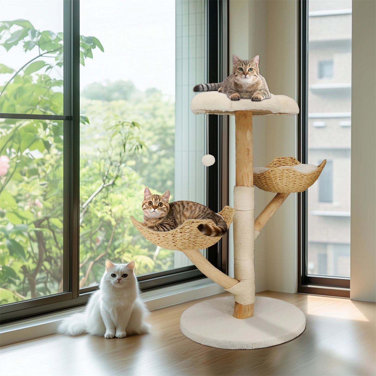 Modern Cat Tree Activity Tower with Plush Cushion and Toy Ball