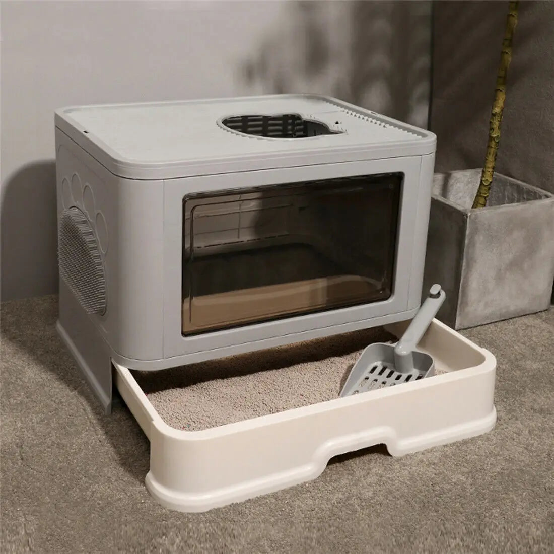 Foldable Cat Litter Box With Massager Scoop Front Entry Design