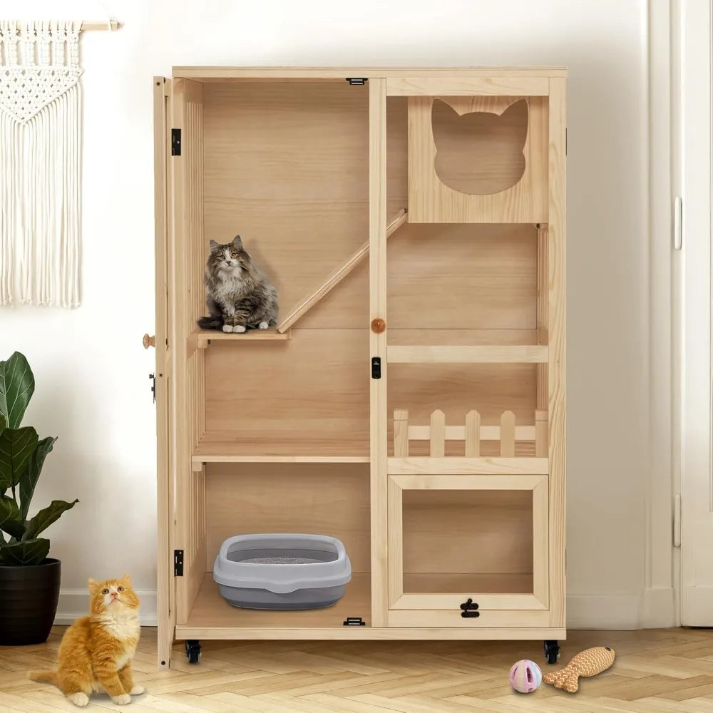 Wooden Cat Houses for Indoor Cats, Luxury Kitten House with Scratching Pad, Lockable Doors, Wheels, CT090