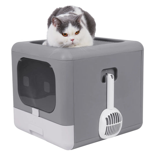 Enclosed Cat Litter Box with Scoop and Foldable Design