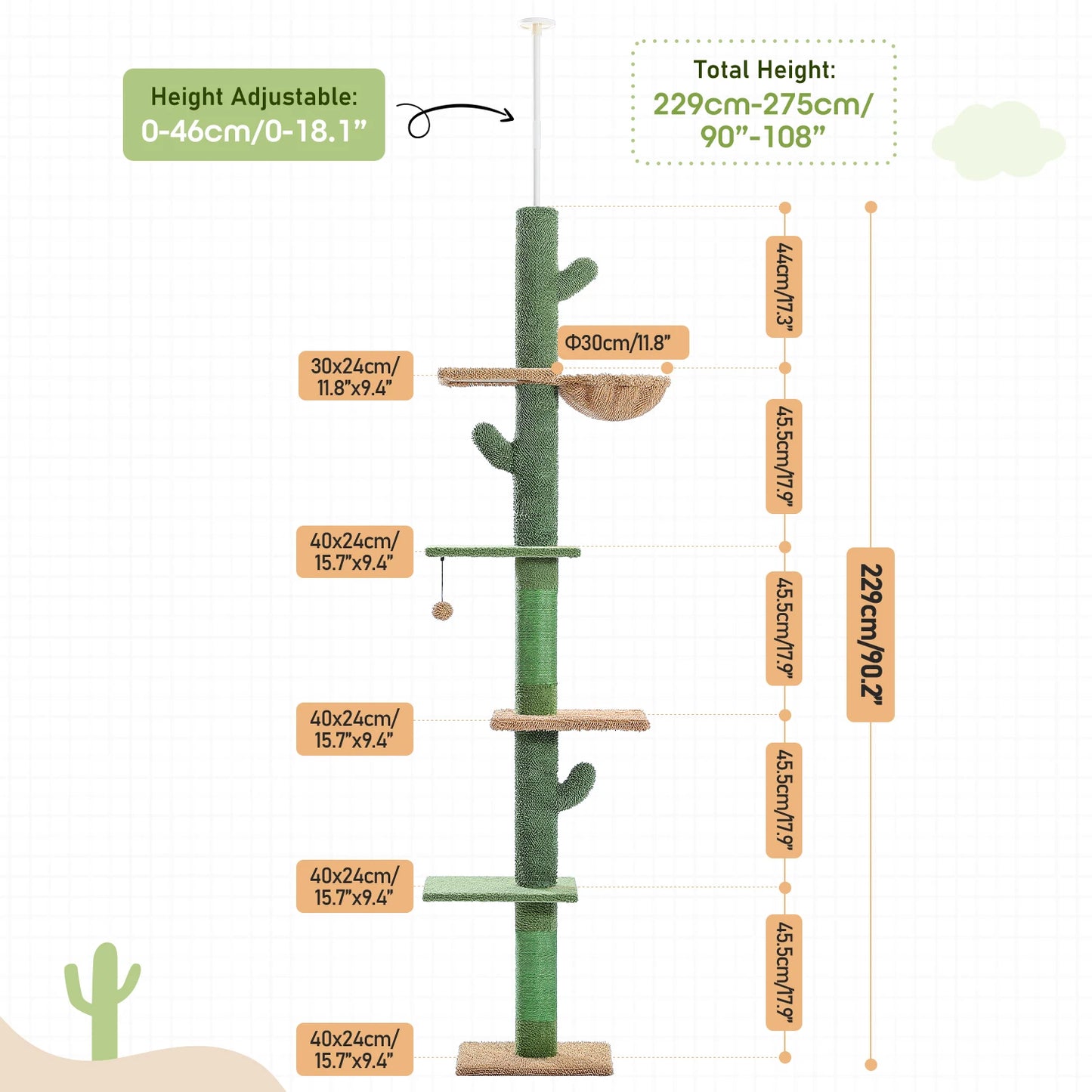 Cactus Cat Tree 5-Tier Floor to Ceiling Tower with Hammock