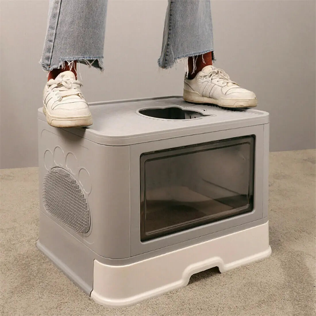 Foldable Cat Litter Box With Massager Scoop Front Entry Design