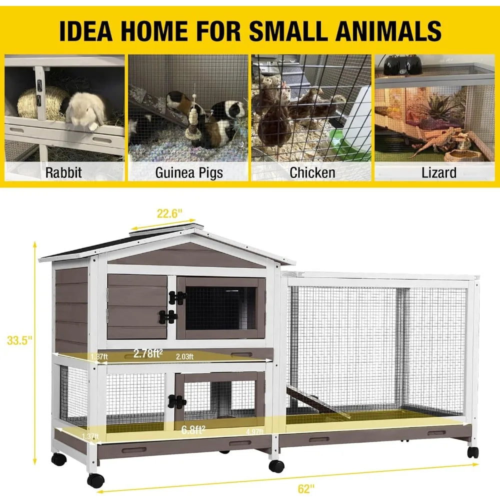 Rabbit Hutch 62" Rabbit Cage Indoor Outdoor Chicken Coop Guinea Pig Cage on Wheels Bunny Cage with 3 Deep No Leakage Pull Out T