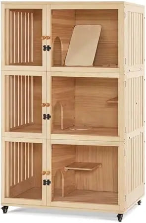 Large Wooden Cat House Villa, Luxury Triple Cat Condo with Scratching Pad, Openable Cover and Wheels, Kitten Cage Indoor CT32