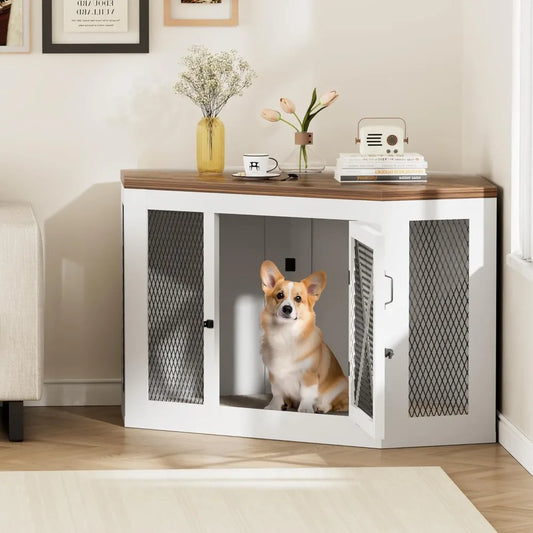 Wooden Dog Crate Furniture End Table with Mesh for Indoor Use