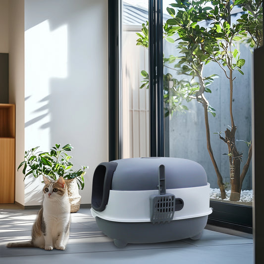 Oval Hooded Cat Litter Box with Scoop Front Entry Design