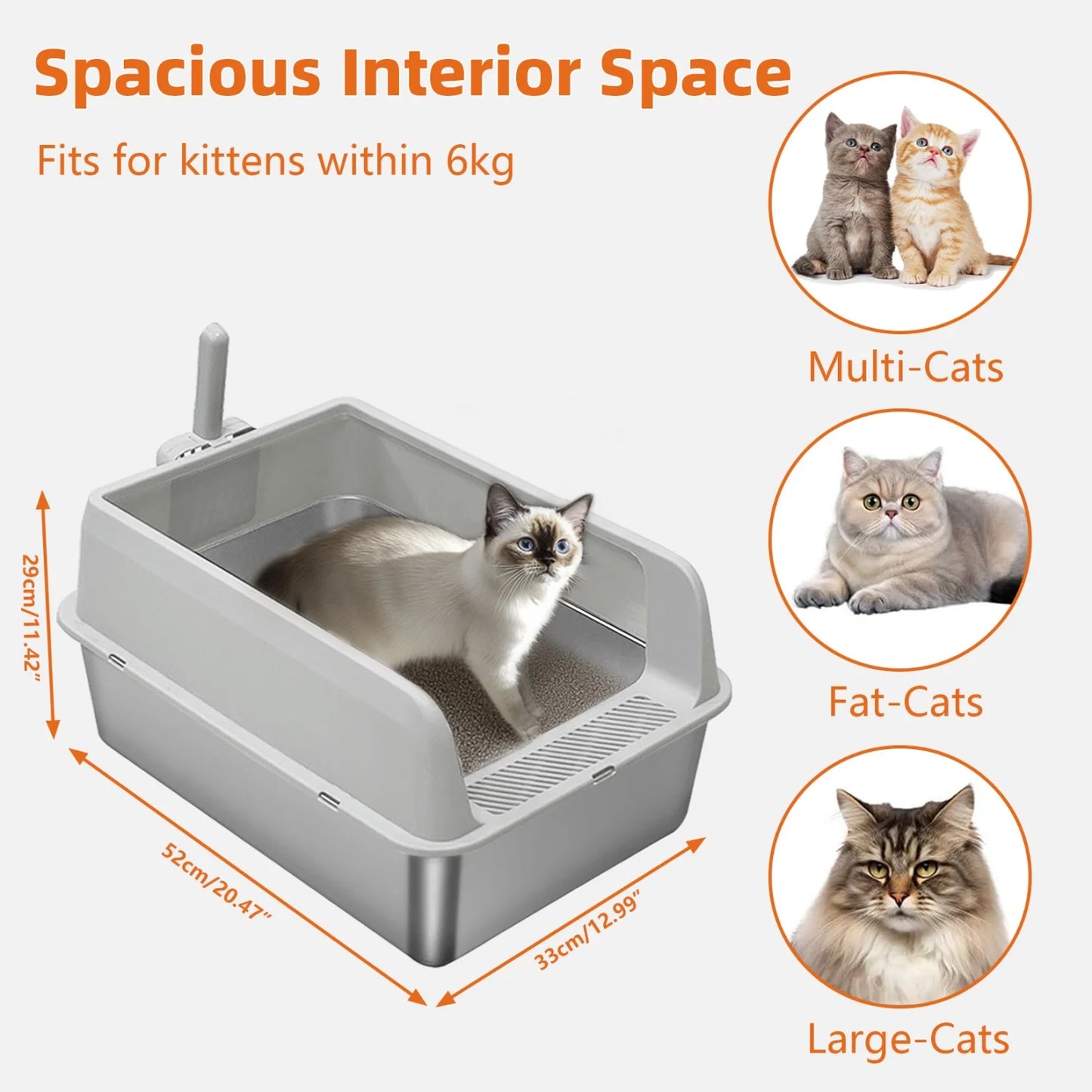 Large Stainless Steel Cat Litter Box High Sided With Spoon