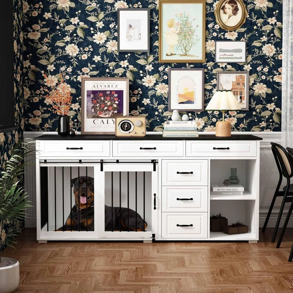 Extra Large Luxury Wooden Dog Crate with Drawers and Shelves
