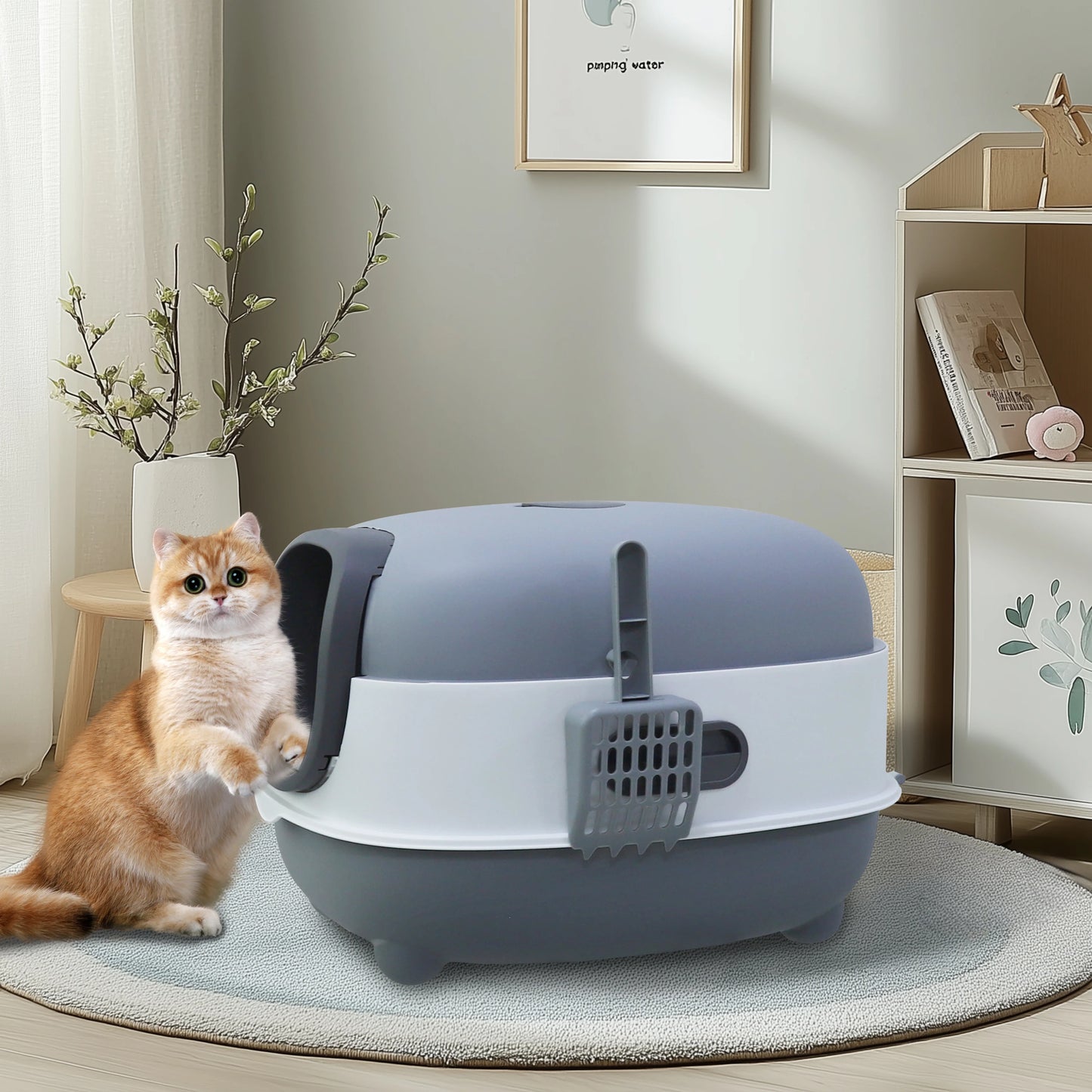 Oval Hooded Cat Litter Box with Scoop Front Entry Design