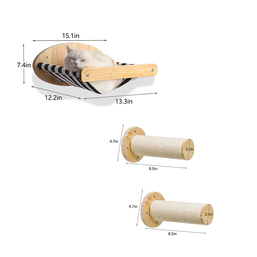 Wooden Cat Scratching Post Wall Mounted Hammock and Shelves