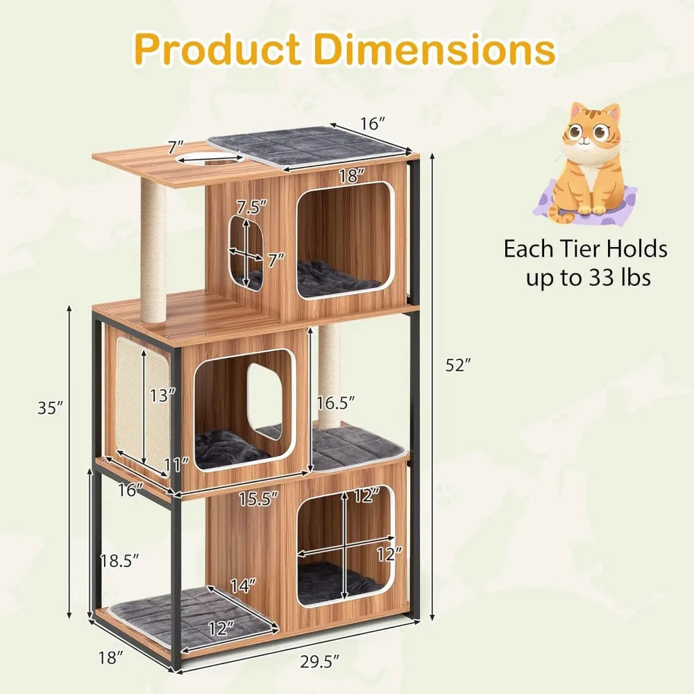 PETSITE 52 Inch Wood Cat Tree for Indoor Cats, Multi-Level Solid Metal Framed Wooden Cat Tower with Sisal Scratching Posts and P