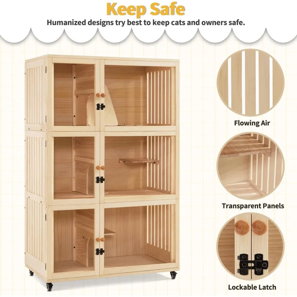 Large Wooden Cat House Villa, Luxury Triple Cat Condo with Scratching Pad, Openable Cover and Wheels, Kitten Cage Indoor CT32