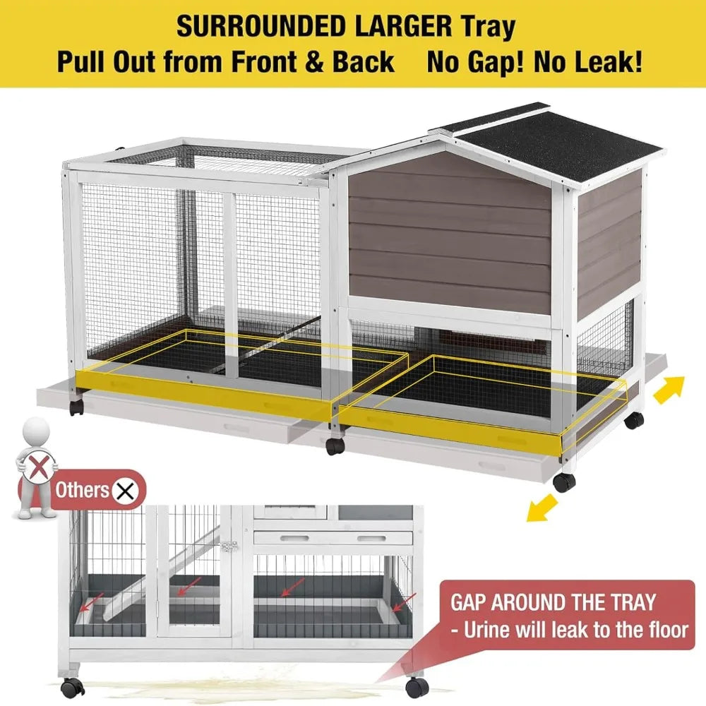 Rabbit Hutch 62" Rabbit Cage Indoor Outdoor Chicken Coop Guinea Pig Cage on Wheels Bunny Cage with 3 Deep No Leakage Pull Out T