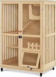 Wooden Cat Houses for Indoor Cats, Luxury Kitten House with Scratching Pad, Lockable Doors, Wheels, CT090