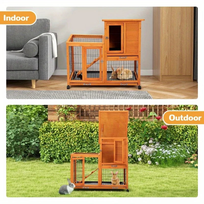 Rabbit Hutch Small Animal Outdoor Pen w/ 4 Casters Cleaning Trays