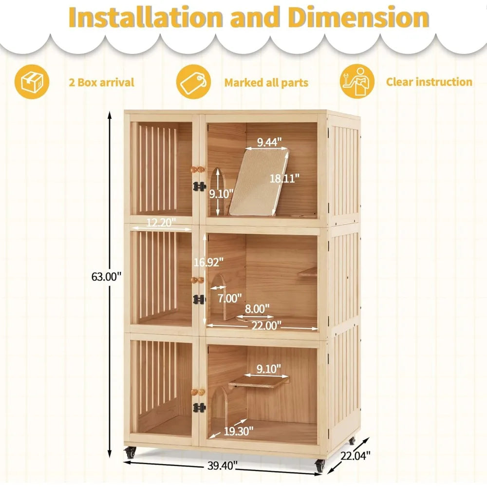 Large Wooden Cat House Villa, Luxury Triple Cat Condo with Scratching Pad, Openable Cover and Wheels, Kitten Cage Indoor CT32