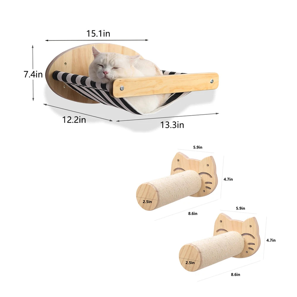 Wooden Cat Scratching Post Wall Mounted Hammock and Shelves