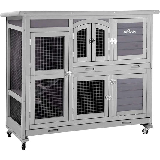 47" Two Story Rabbit Hutch Bunny Cage with Wheels, Indoor Outdoor Guinea Pig Cage with 2 Deep No Leak Tray