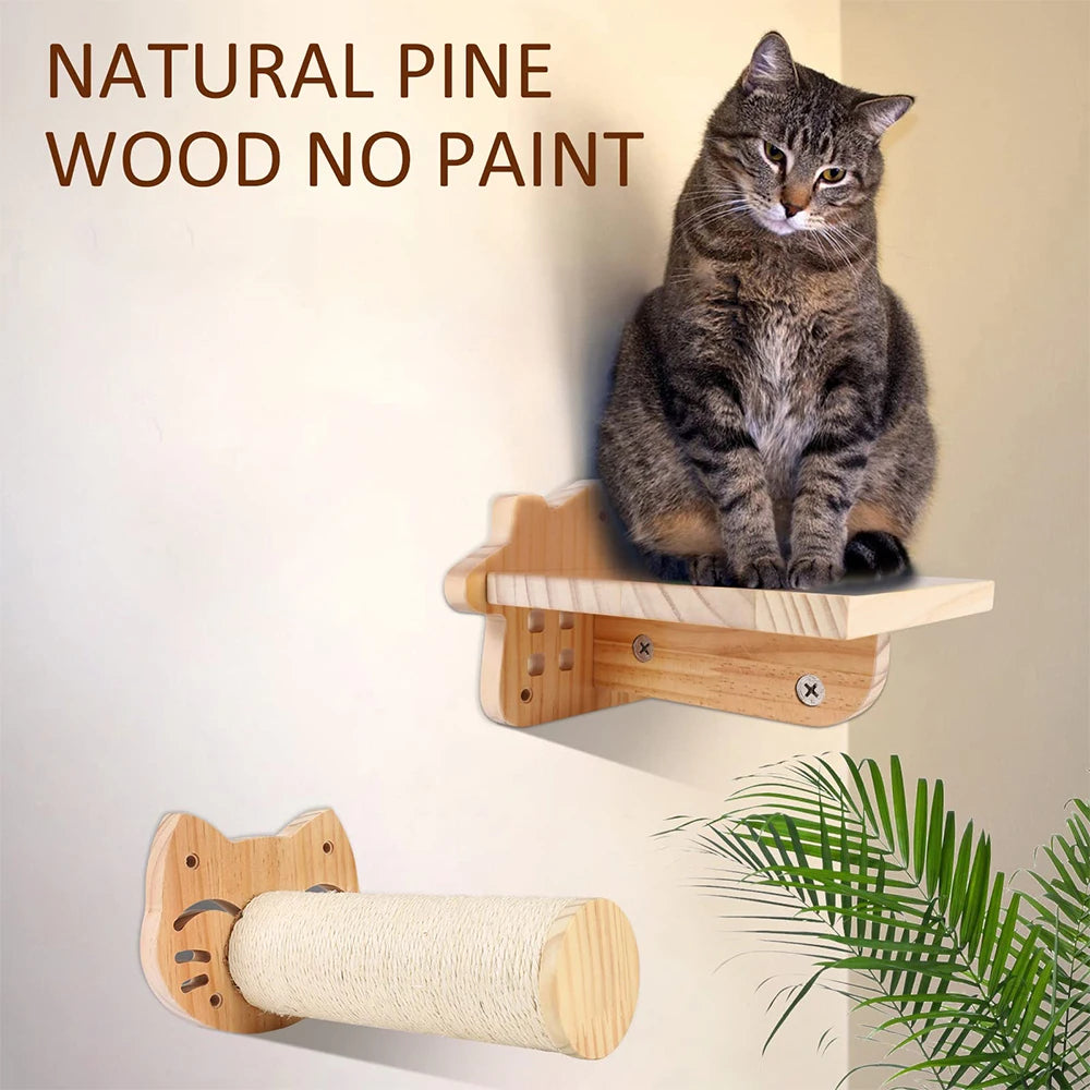 Wooden Cat Scratching Post Wall Mounted Hammock and Shelves