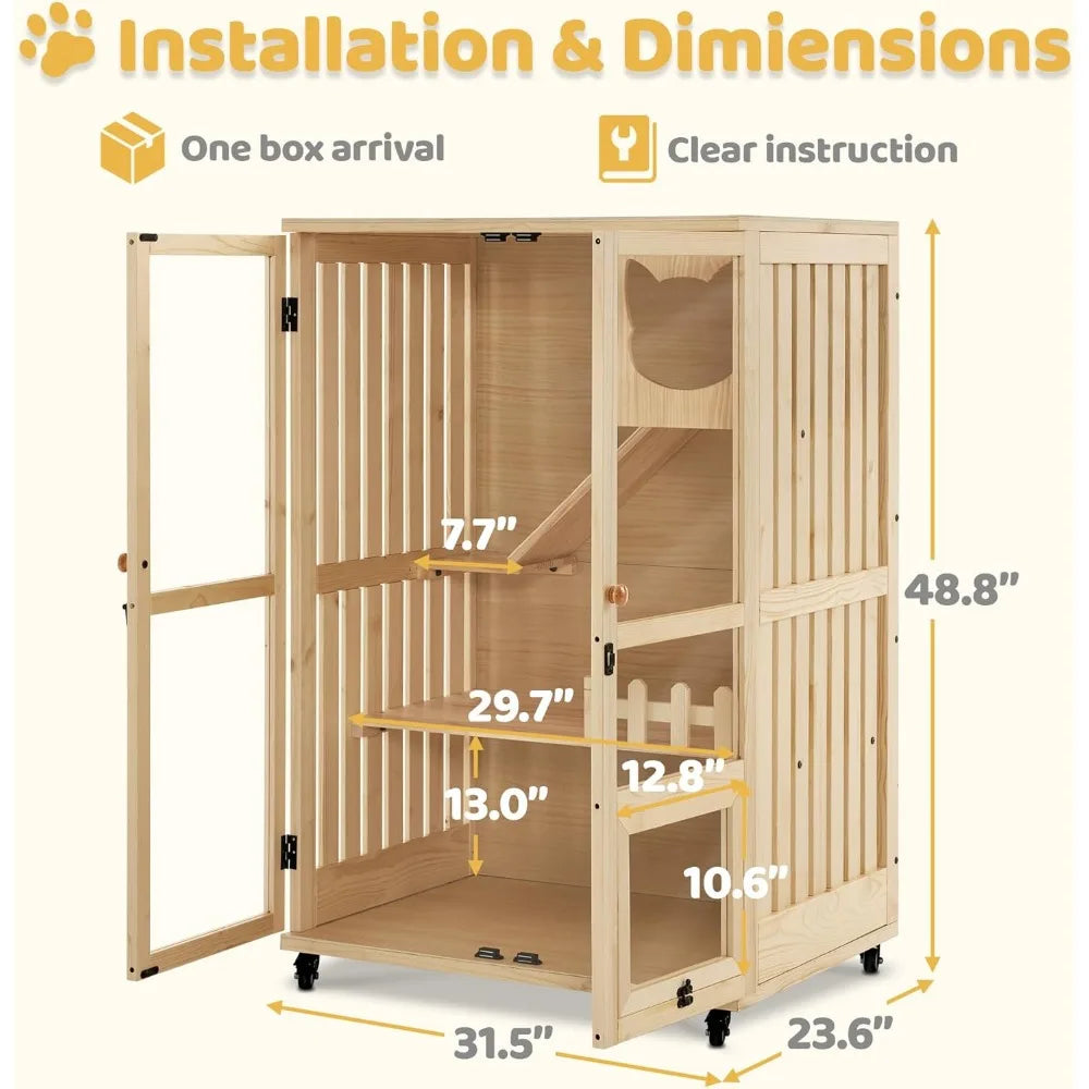 Wooden Cat Houses for Indoor Cats, Luxury Kitten House with Scratching Pad, Lockable Doors, Wheels, CT090