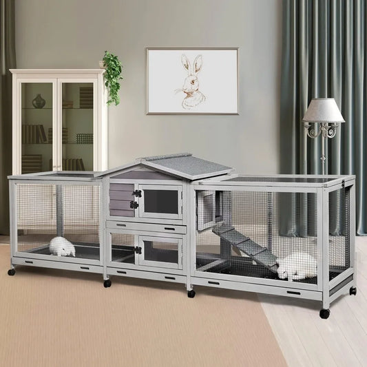 Rabbit Hutch Bunny Cage Indoor & Outdoor Rabbit Cage on Wheels, Large Guinea Pig Cage with 4 Deep No Leakage Pull Out Trays - 93