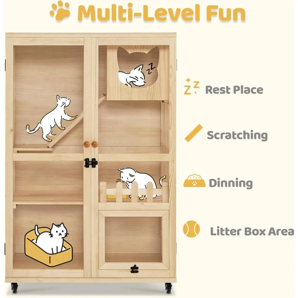 Wooden Cat Houses for Indoor Cats, Luxury Kitten House with Scratching Pad, Lockable Doors, Wheels, CT090