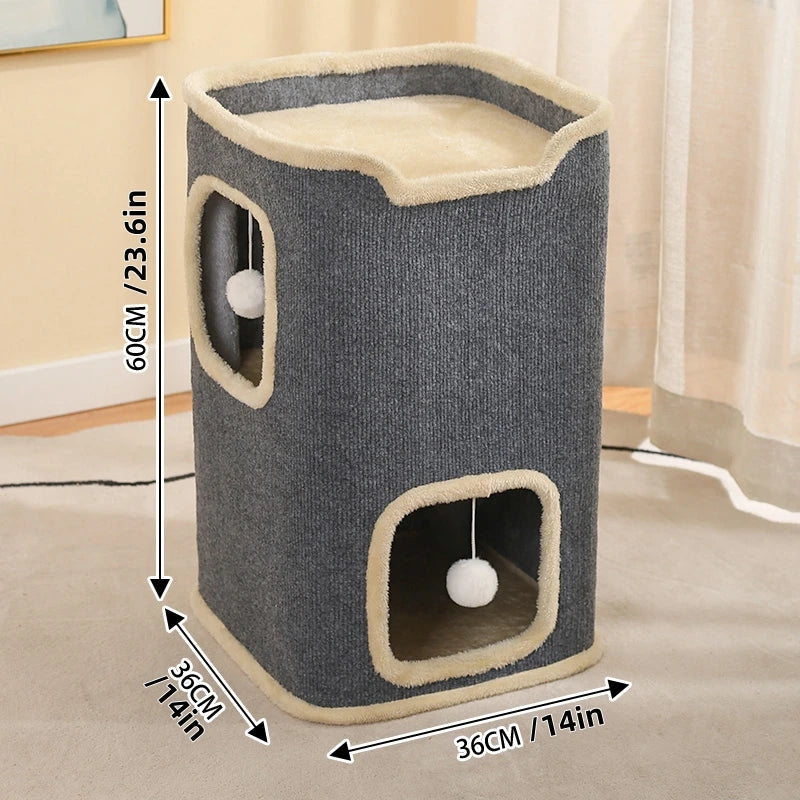 2 Layer Cat House with Toy Soft Indoor Cat Cave for Playtime